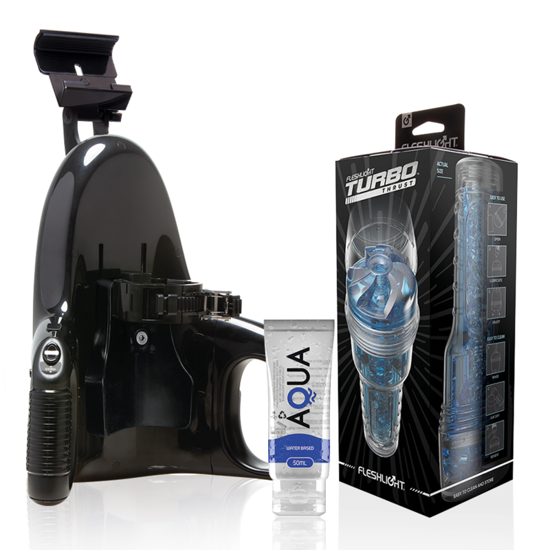Fleshlight Turbo Thrust Blue Ice con lanzador universal y lubricante Aqua Quality 50 ml, con textura y diseño realista en color azul.