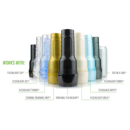 Fleshlight Origin Go Pink Lady Surge con vagina, lanzador universal y lubricante Aqua Quality 50 ml en la imagen.