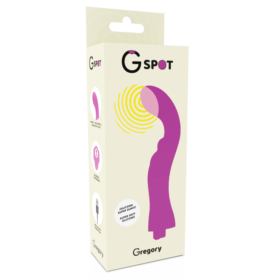 Vibrador G-SPOT Gregory en color violeta, diseñado para estimulación, con forma ergonómica y tamaño compacto.
