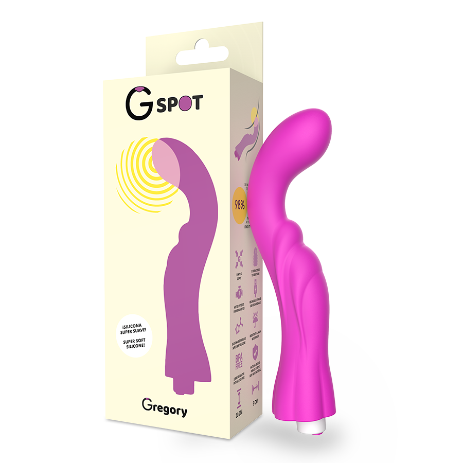 Vibrador G-SPOT Gregory de color violeta, diseño ergonómico para placer, visible en la imagen.