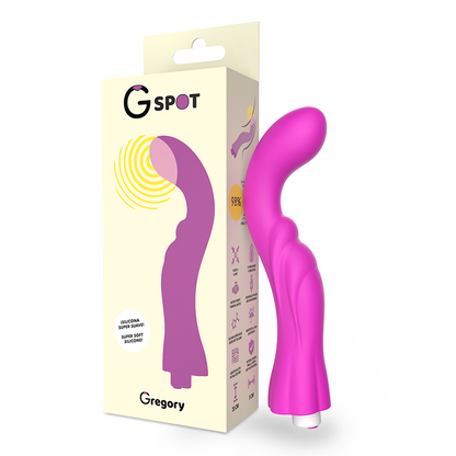 Vibrador G-SPOT Gregory de color violeta, diseño ergonómico para placer, visible en la imagen.