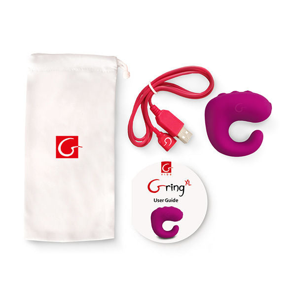 Anillo vibrador G-VIBE XL en color frambuesa dulce, diseñado para placer y estimulación, con detalles del producto visible.