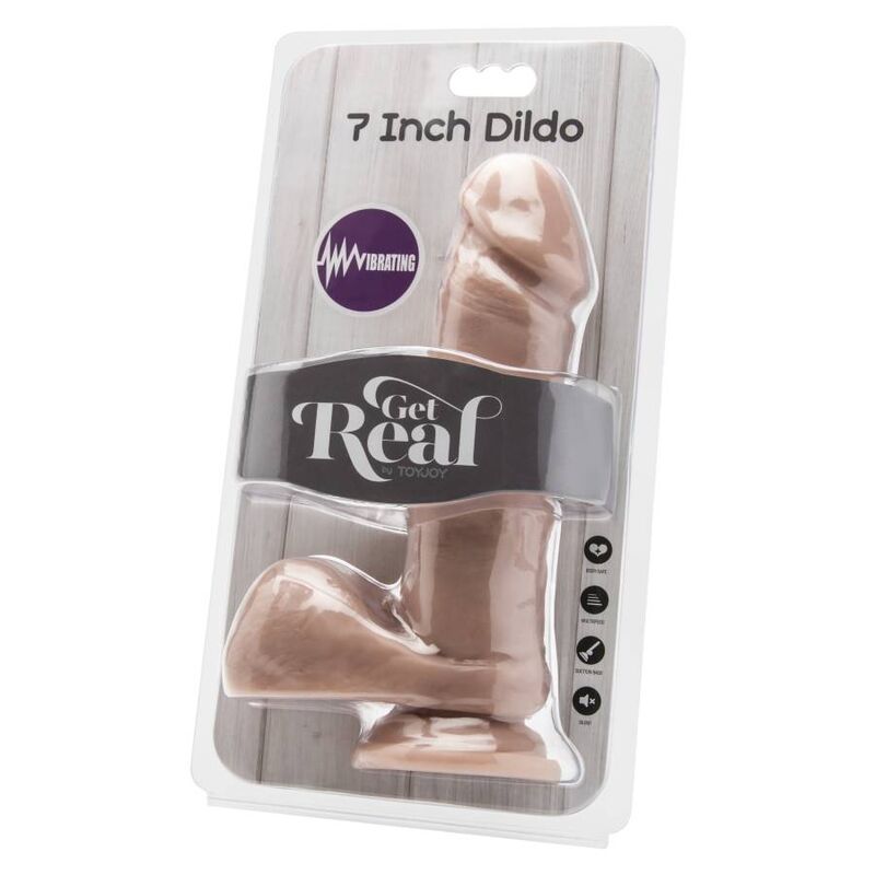 Dildo vibrador natural de 18 cm con testículos de la marca GET REAL, diseñado para placer y estimulación íntima.