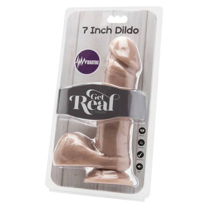 Dildo vibrador natural de 18 cm con testículos de la marca GET REAL, diseñado para placer y estimulación íntima.