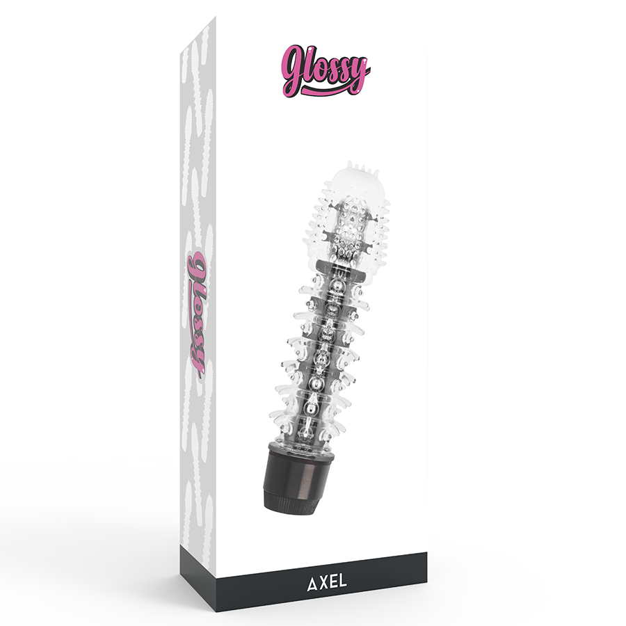 Vibrador negro GLOSSY Axel con acabado brillante, diseñado para placer y estimulación, en primer plano sobre fondo neutro.