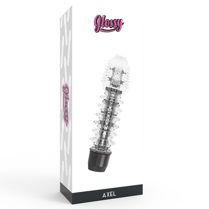 Vibrador negro GLOSSY Axel con acabado brillante, diseñado para placer y estimulación, en primer plano sobre fondo neutro.
