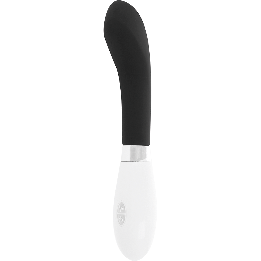 Vibrador negro GLOSSY JOHN con acabado brillante y diseño ergonómico para uso personal.