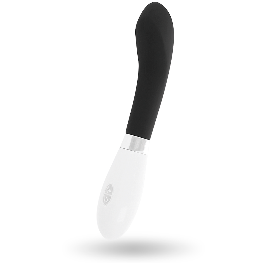Vibrador negro GLOSSY JOHN con acabado brillante, diseñado para placer y estimulación personal.