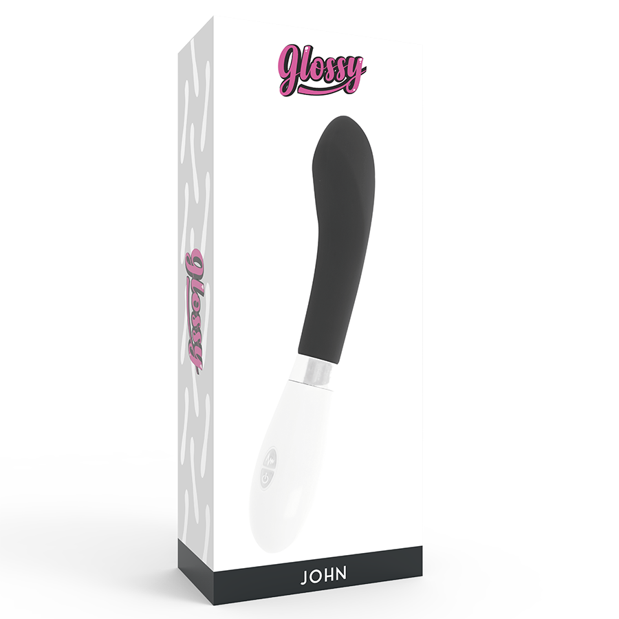 Vibrador negro de la marca GLOSSY, con acabado brillante y diseño ergonómico para uso personal.
