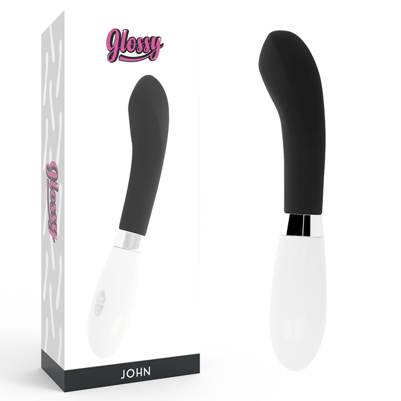 Vibrador negro GLOSSY JOHN con acabado brillante, diseñado para placer y comodidad en uso personal.