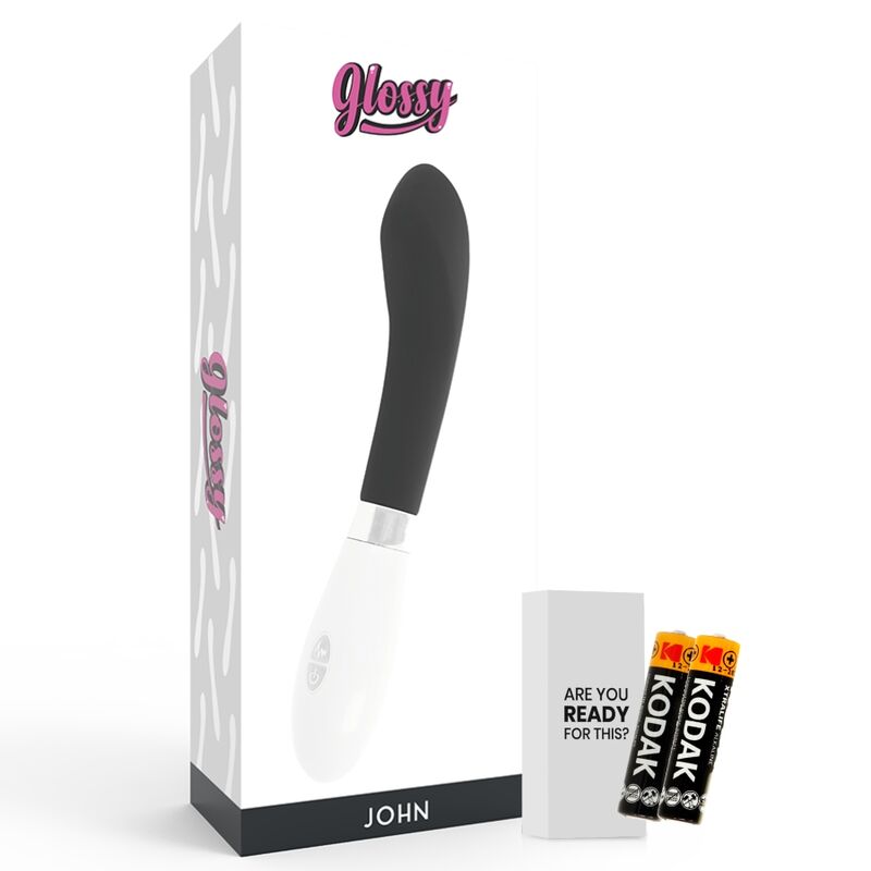 Vibrador negro de silicona de la marca GLOSSY, con acabado brillante y diseño ergonómico para uso íntimo.
