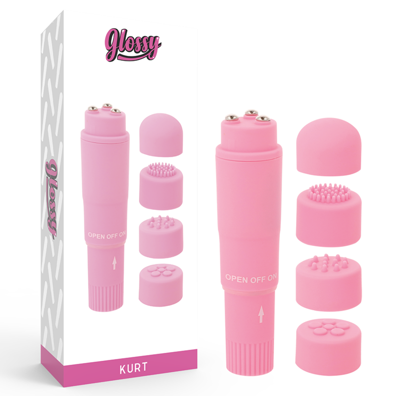 Masajeador portátil rosa GLOSSY KURT con diseño compacto y superficie brillante para relajación y cuidado de la piel.