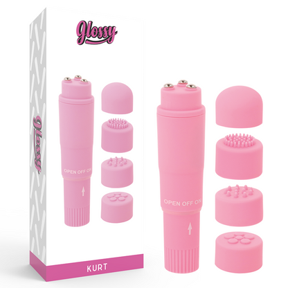 Masajeador portátil rosa GLOSSY KURT con diseño compacto y superficie brillante para relajación y cuidado de la piel.