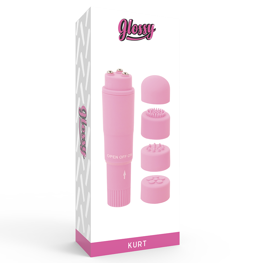 Masajeador portátil GLOSSY Pocket Kurt en color rosa, compacto y ergonómico para aliviar tensiones musculares en la piel.