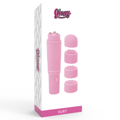 Masajeador portátil GLOSSY Pocket Kurt en color rosa, compacto y ergonómico para aliviar tensiones musculares en la piel.
