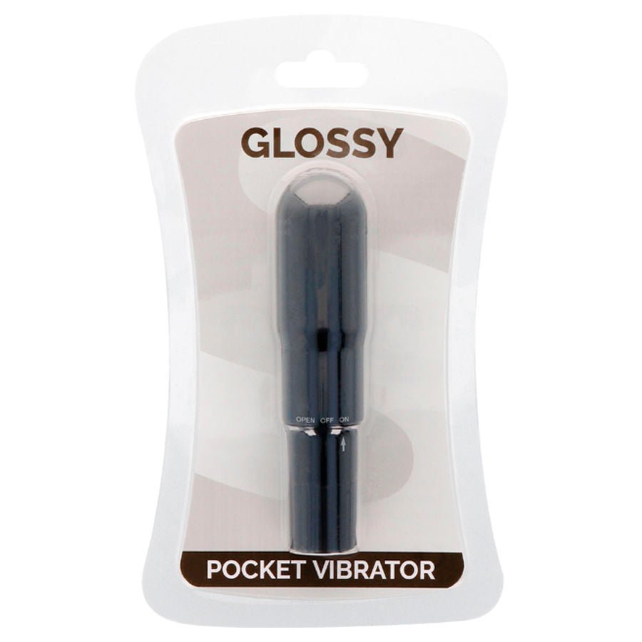 Vibrador de bolsillo negro GLOSSY, con acabado brillante y compacto, ideal para uso personal y discreto.