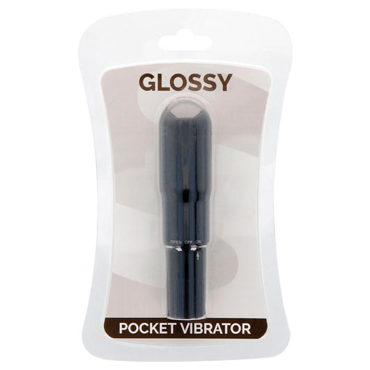 Vibrador de bolsillo negro GLOSSY, con acabado brillante y compacto, ideal para uso personal y discreto.