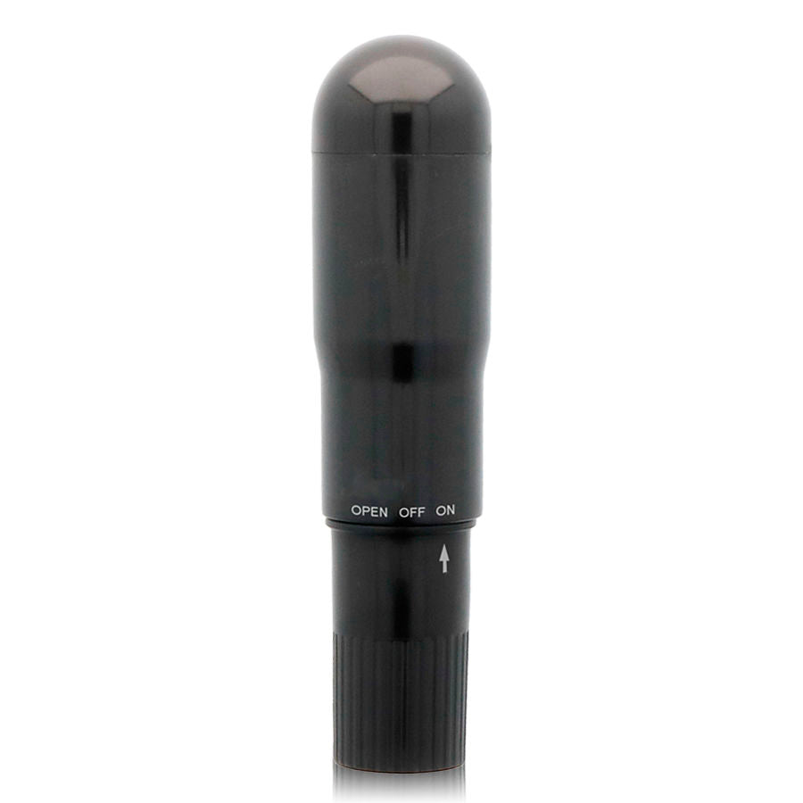 Vibrador de bolsillo negro de la marca GLOSSY, con acabado brillante y tamaño compacto para uso personal.