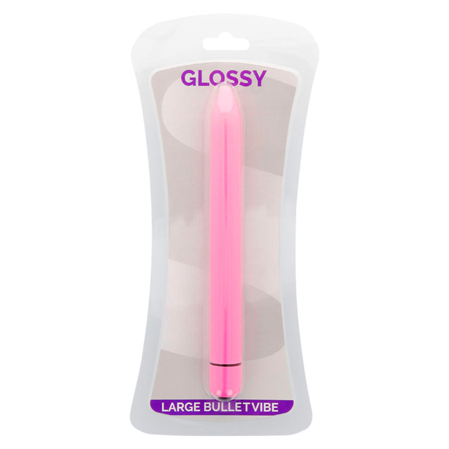 Vibrador rosa intenso de tamaño compacto de la marca GLOSSY, con acabado brillante y diseño ergonómico.