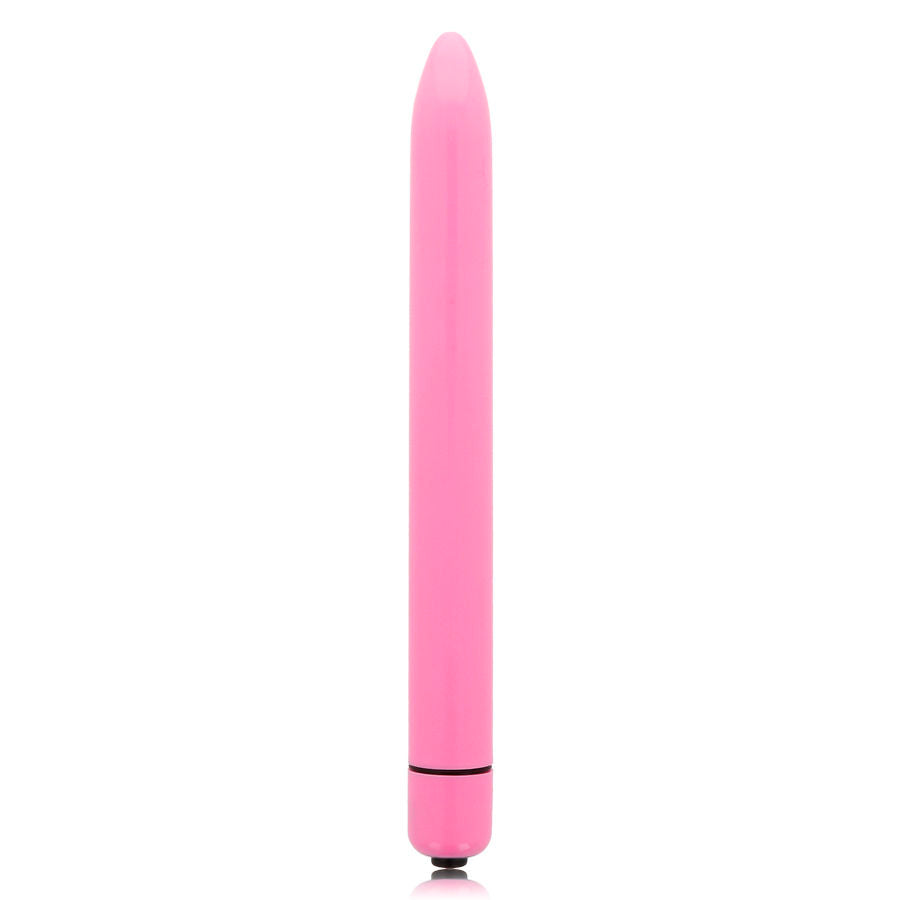 Vibrador rosa intenso de GLOSSY, diseño delgado y brillante, para placer personal, en un fondo neutro.