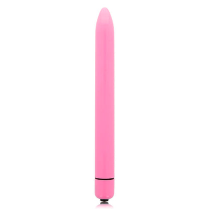 Vibrador rosa intenso de GLOSSY, diseño delgado y brillante, para placer personal, en un fondo neutro.