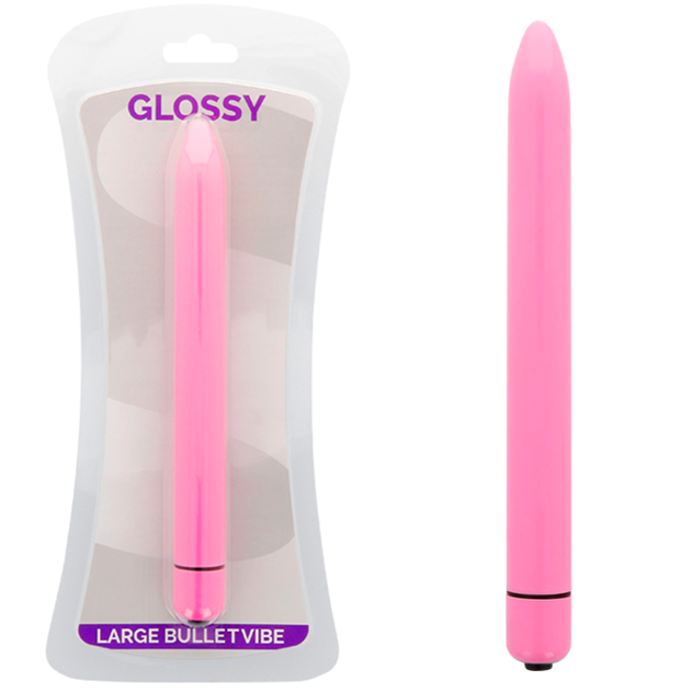 Vibrador rosa intenso Slim de la marca GLOSSY con acabado brillante, diseño delgado y elegante para uso personal.