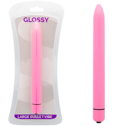Vibrador rosa intenso Slim de la marca GLOSSY con acabado brillante, diseño delgado y elegante para uso personal.