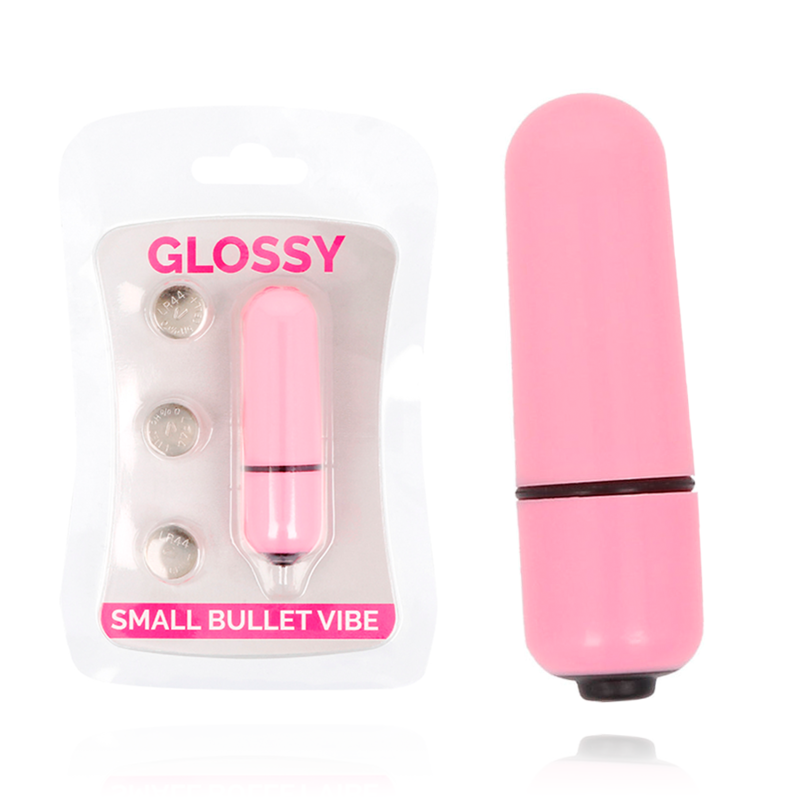 Vibrador pequeño rosa de la marca GLOSSY, con acabado brillante y diseño compacto para uso personal.
