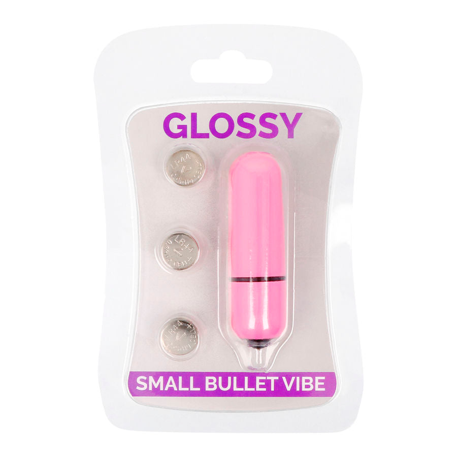 Vibrador pequeño rosa intenso de la marca GLOSSY, con acabado brillante y diseño compacto para placer íntimo.