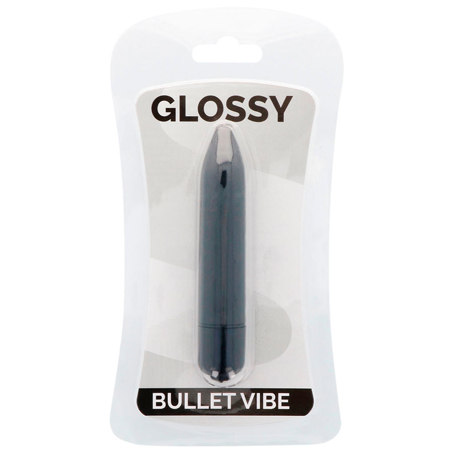 Vibrador negro delgado de la marca GLOSSY con acabado brillante, diseñado para estimulación precisa y comodidad.