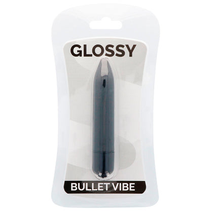 Vibrador negro delgado de la marca GLOSSY con acabado brillante, diseñado para estimulación precisa y comodidad.