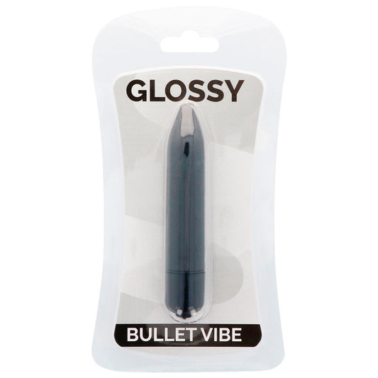 Vibrador negro delgado de la marca GLOSSY con acabado brillante, diseñado para estimulación precisa y comodidad.