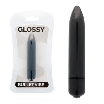 Vibrador negro delgado de la marca GLOSSY con acabado brillante, diseñado para estimulación suave y cómoda.