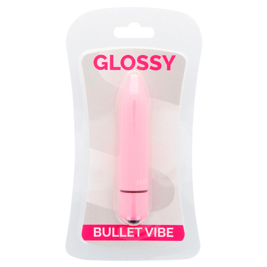 Vibrador rosa delgado de la marca GLOSSY con acabado brillante, diseñado para estimulación íntima femenina.