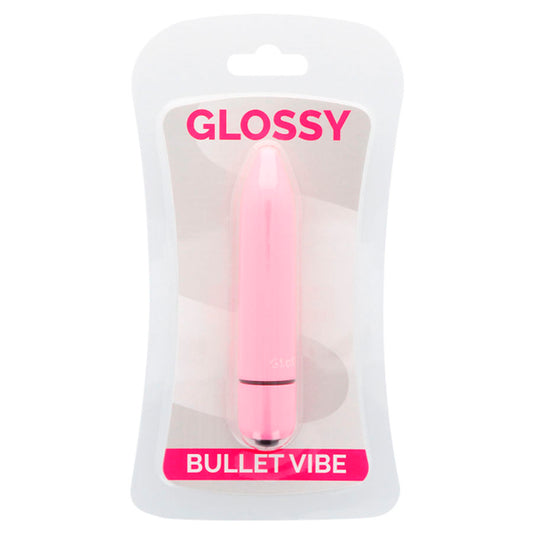 Vibrador rosa delgado de la marca GLOSSY con acabado brillante, diseñado para estimulación íntima femenina.