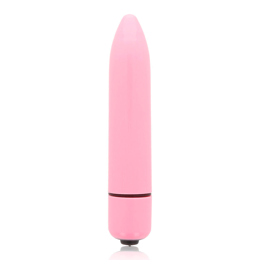 Vibrador rosa delgado GLOSSY, acabado brillante, diseñado para placer y comodidad, en un fondo neutro.