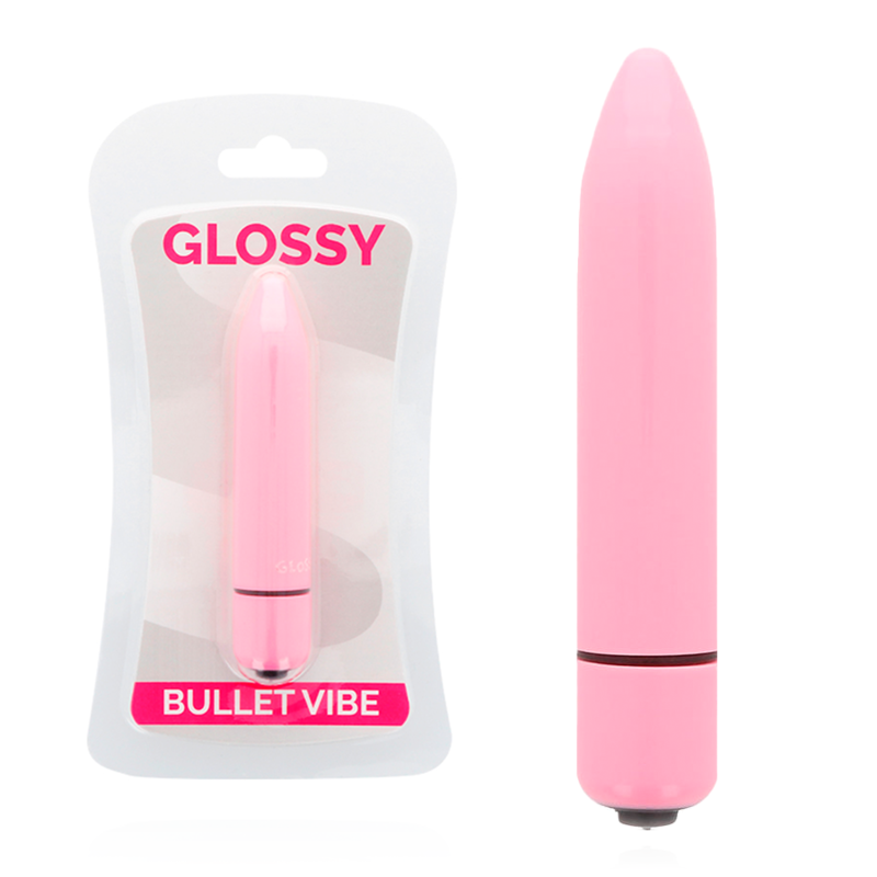 Vibrador rosa fino de la marca Glossy, con acabado brillante y diseño delgado para uso personal.