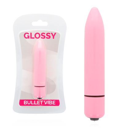 Vibrador rosa fino de la marca Glossy, con acabado brillante y diseño delgado para uso personal.