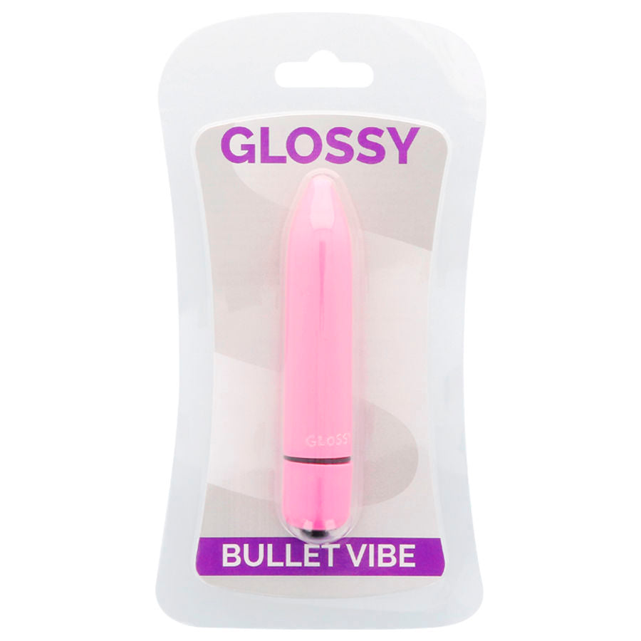 Vibrador fino de color rosa intenso de la marca Glossy, con acabado brillante y diseño elegante para placer personal.