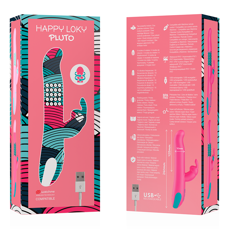 Vibrador con forma de conejo HAPPY LOKY Pluto, con tecnología inalámbrica WatchMe, diseñado para placer y rotación.