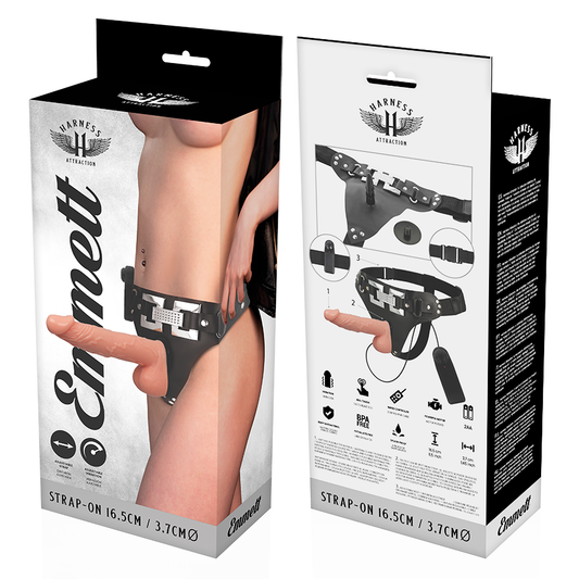 Arnés HARNESS ATTRACTION Emmett realista con vibrador de 16,5 cm y 3,7 cm, en color negro, para uso sensual y de placer.