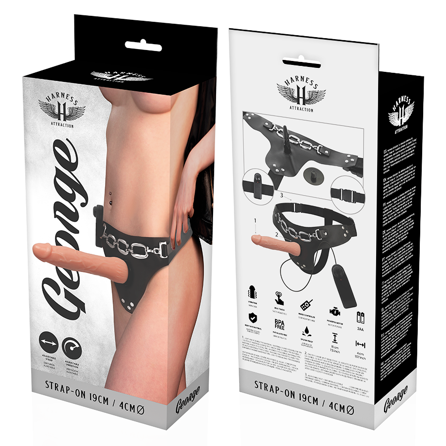 Arnés de la marca HARNESS ATTRACTION, modelo George realista con vibrador de 19 cm y 4 cm de diámetro, en color negro.