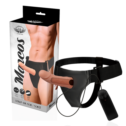 Arnés Attraction Hueco Marcos con vibrador de 15 cm y 5 cm, arnés erótico de piel con vibrador incorporado.