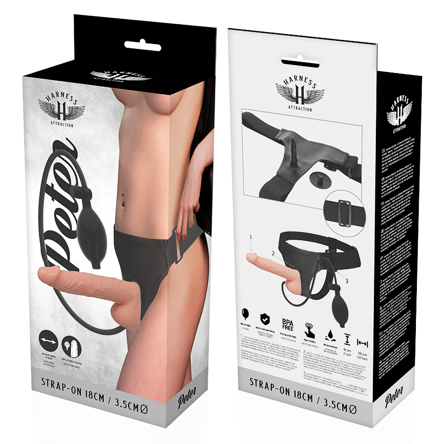 Arnés de la marca HARNESS ATTRACTION con pene hinchable de 18 cm y diámetro de 3.5 cm, diseñado para placer y comodidad.