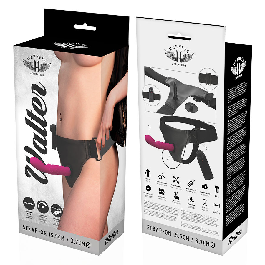 HARNESS ATTRACTION Walter vibrating harness with 15.5 cm length and 3.7 cm width, designed for comfortable wear and added stimulation.