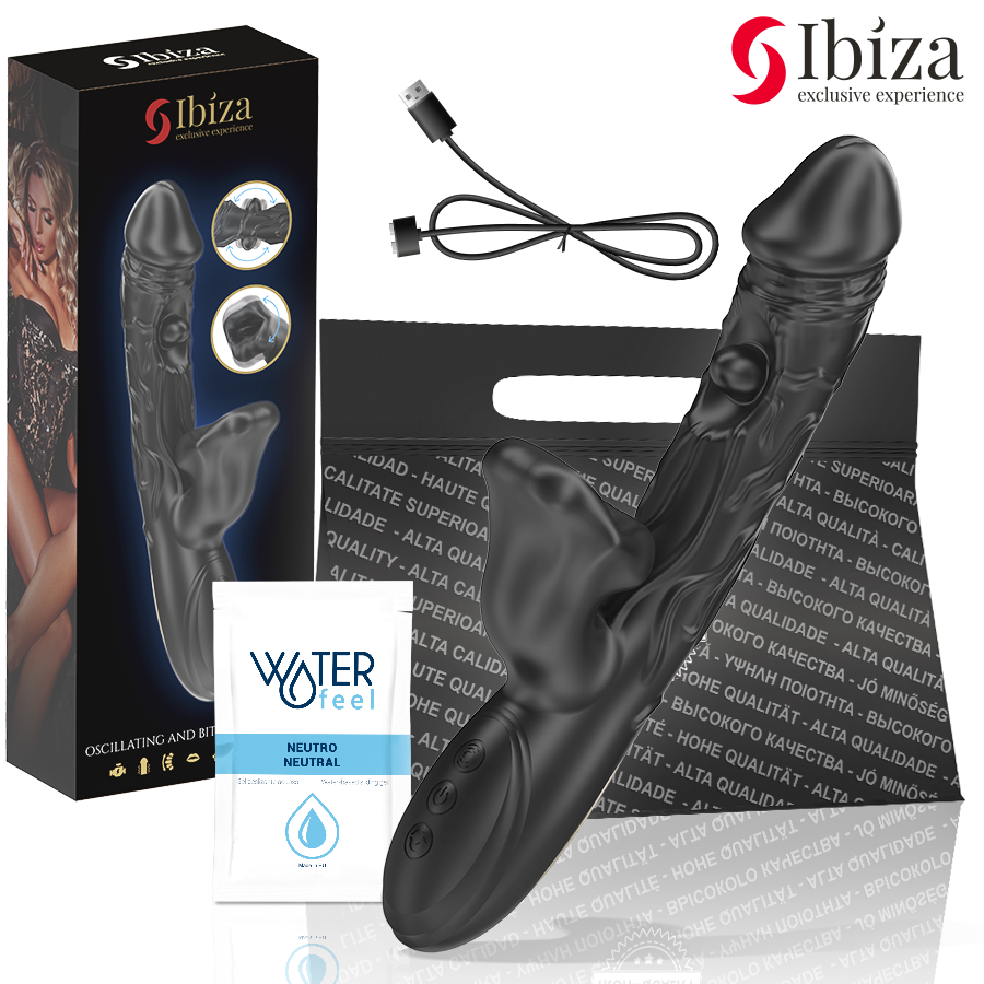 Vibrador y estimulador de clítoris IBIZA Technology con efecto mordedor y rotación, diseño compacto y ergonómico.