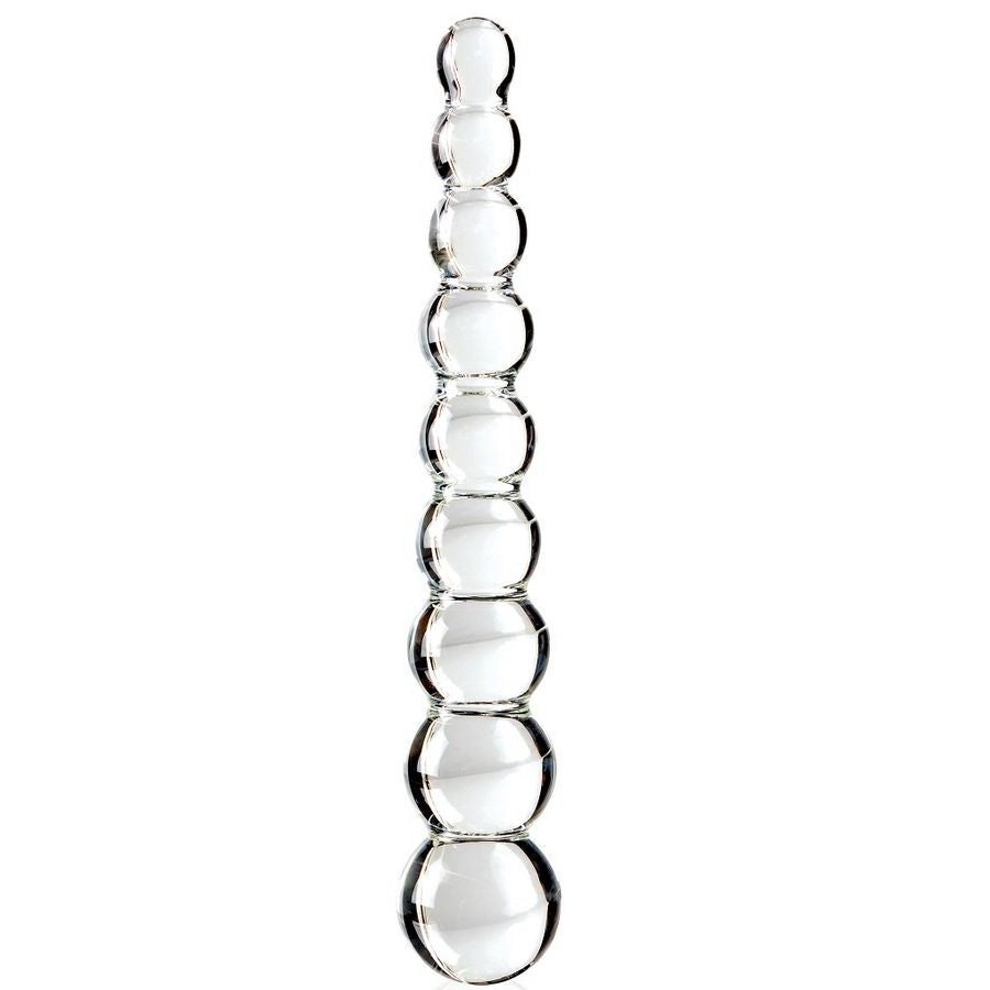 Clear glass massager from ICICLES with a curved design and textured surface for enhanced stimulation.