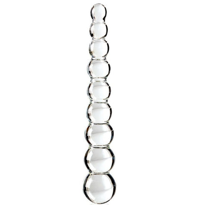 Clear glass massager from ICICLES with a curved design and textured surface for enhanced stimulation.