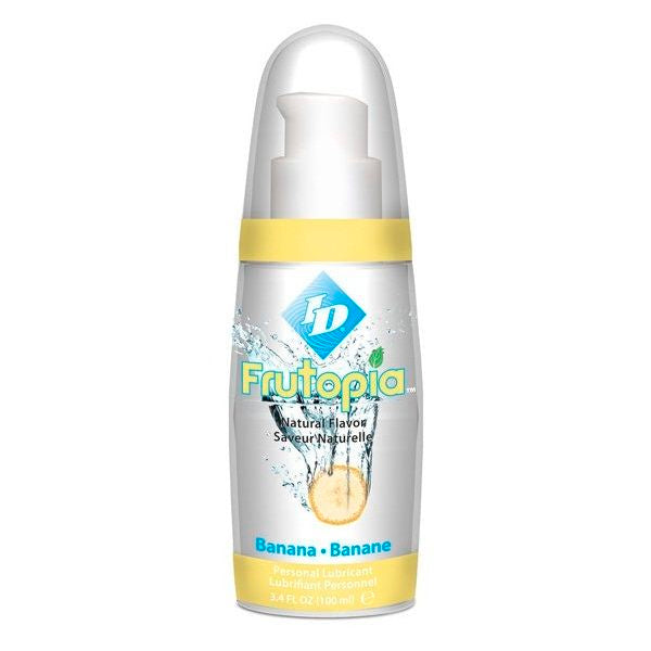 Botella de 100 ml de ID Frutopia con sabor a plátano, muestra la etiqueta y el líquido amarillo en el envase.