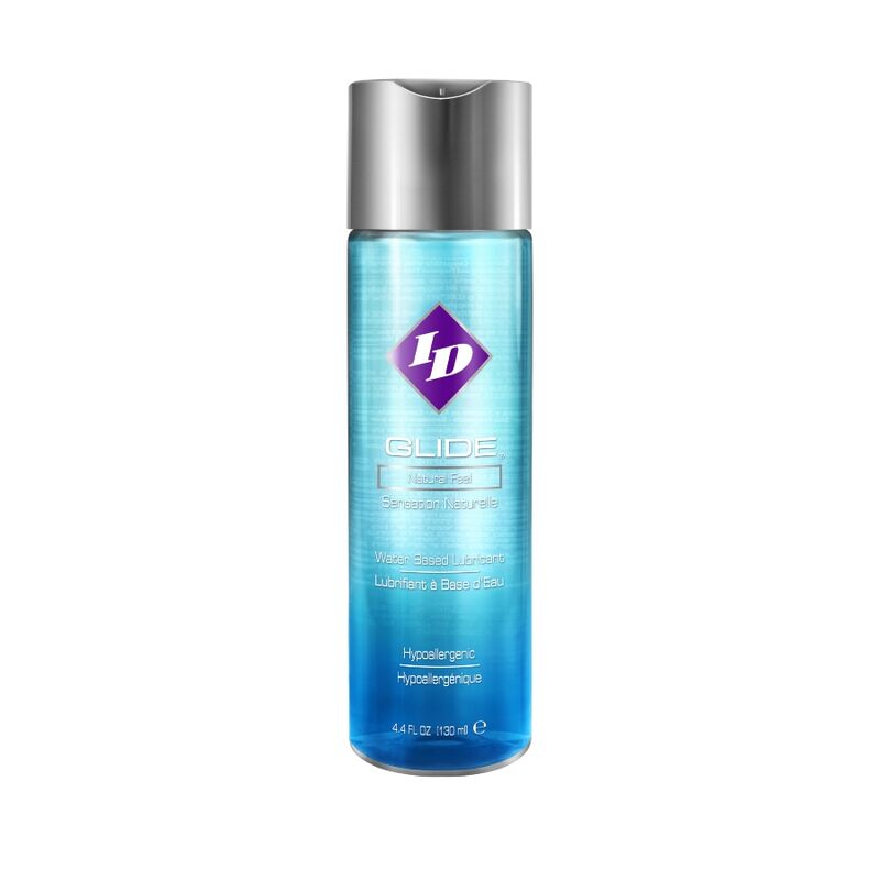 ID GLIDE water-based lubricant in a 130 ml bottle, showcasing a clear, smooth gel texture against a neutral background.
